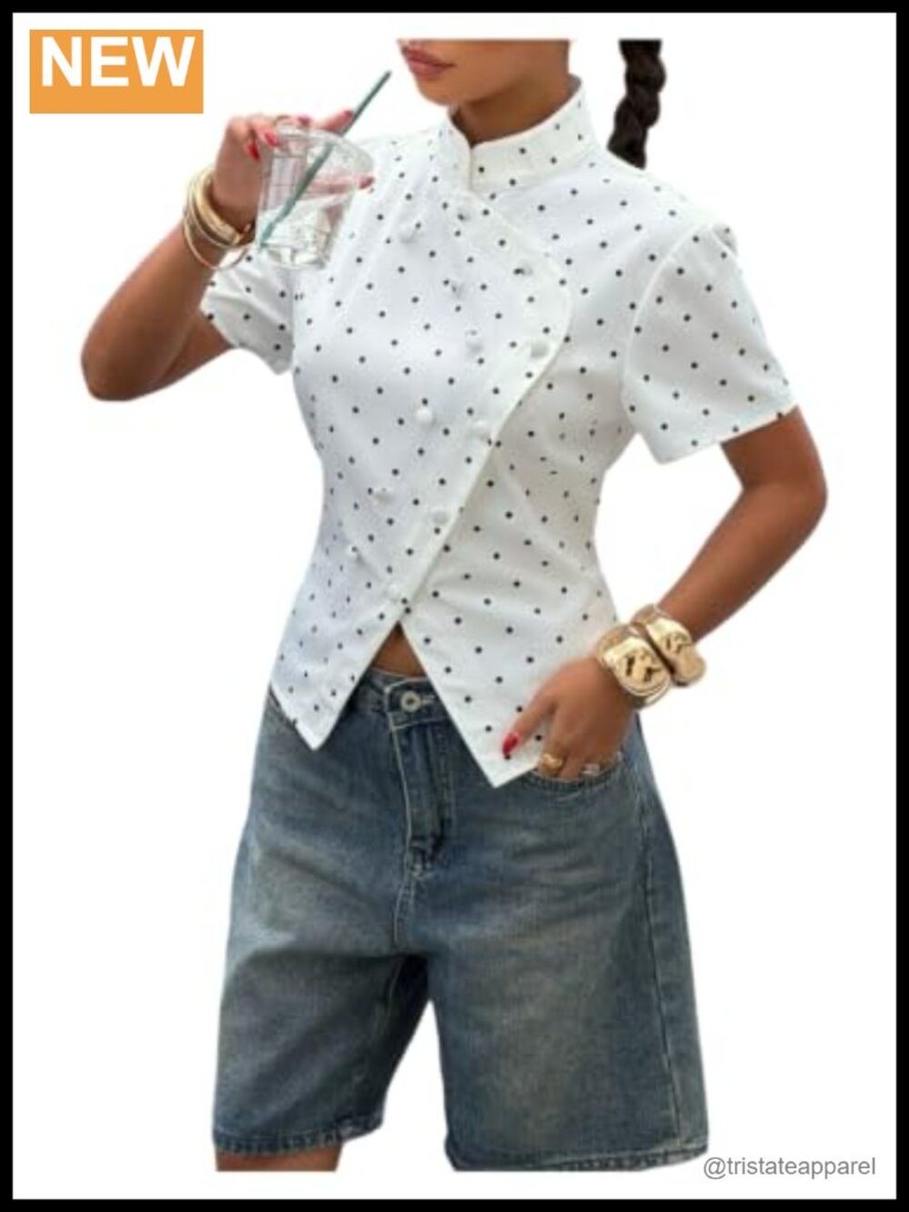 Polka Dot Mock Neck Blouse Wrap Button Short Sleeve Woman Top